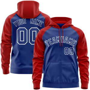 Custom Stitched Royal Red-White Raglan Sleeves Sports Full-Zip Sweatshirt Hoodie