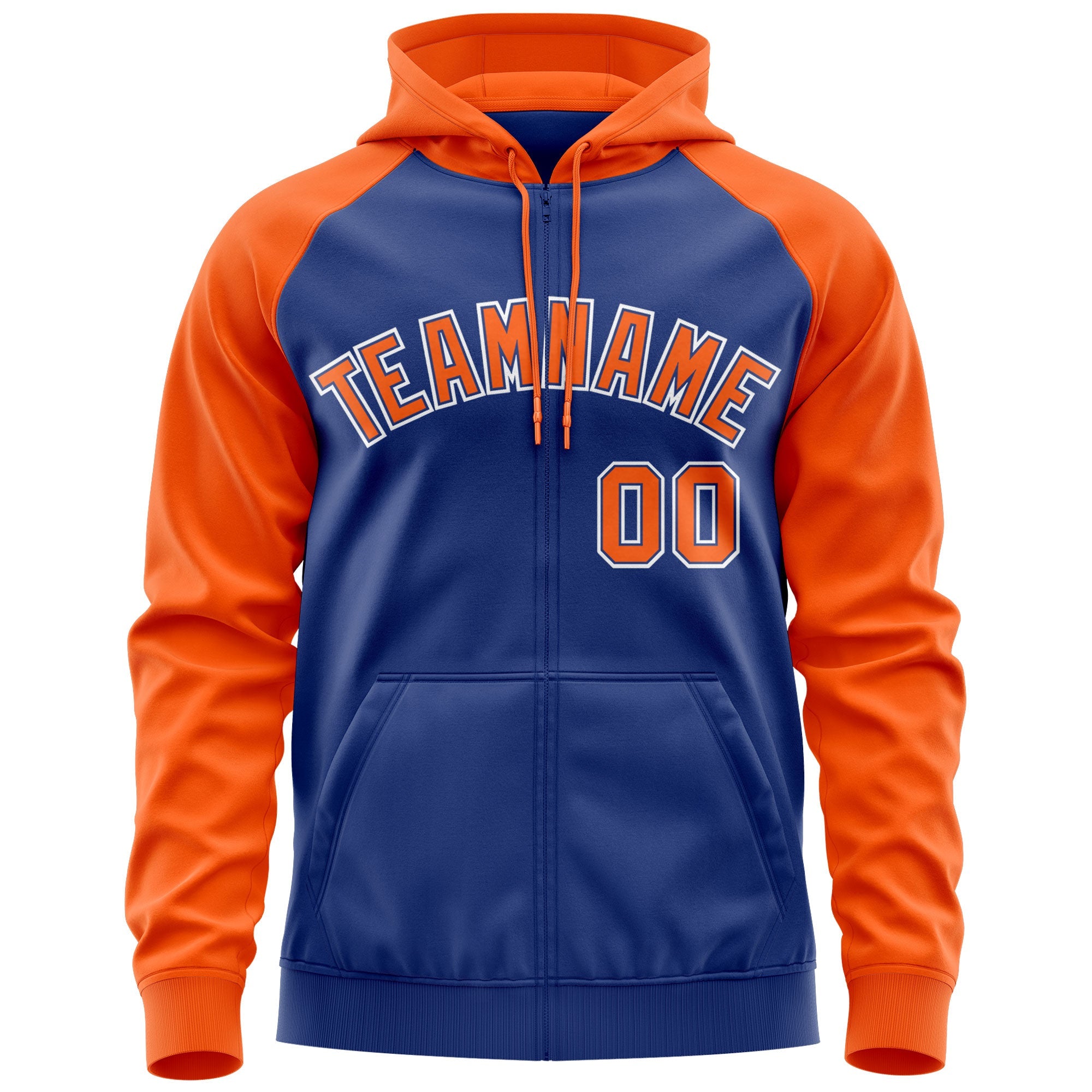 Custom Stitched Royal Orange-White Raglan Sleeves Sports Full-Zip Sweatshirt Hoodie