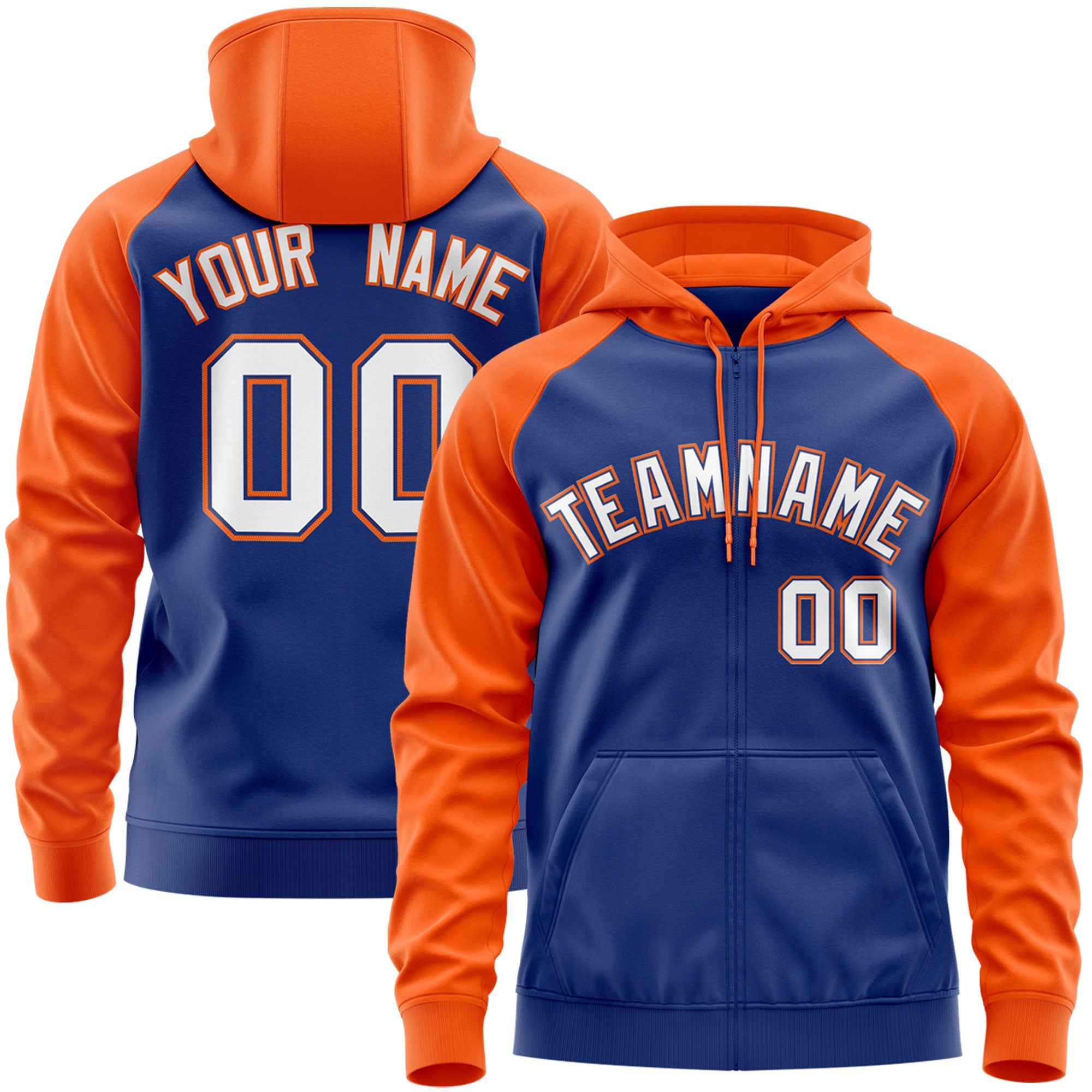 Custom Stitched Royal White-Orange Raglan Sleeves Sports Full-Zip Sweatshirt Hoodie