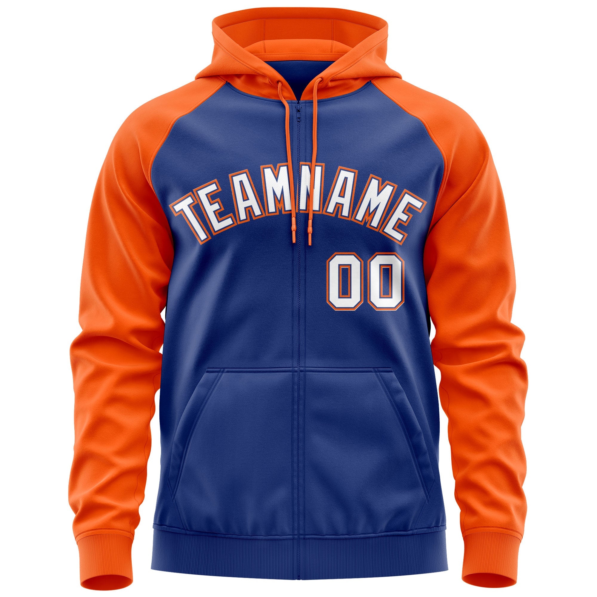 Custom Stitched Royal White-Orange Raglan Sleeves Sports Full-Zip Sweatshirt Hoodie