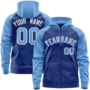 Custom Stitched Royal Light Blue-White Raglan Sleeves Sports Full-Zip Sweatshirt Hoodie