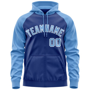 Custom Stitched Royal Light Blue-White Raglan Sleeves Sports Full-Zip Sweatshirt Hoodie