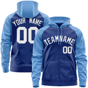 Custom Stitched Royal White-Light Blue Raglan Sleeves Sports Full-Zip Sweatshirt Hoodie