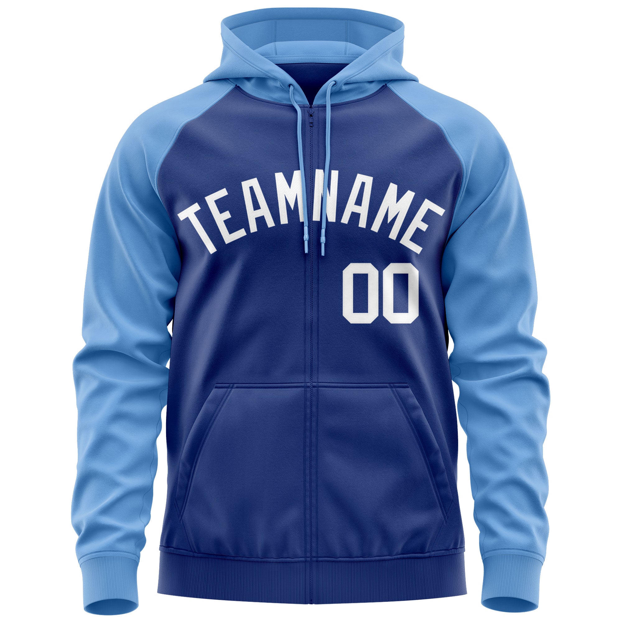 Custom Stitched Royal White-Light Blue Raglan Sleeves Sports Full-Zip Sweatshirt Hoodie