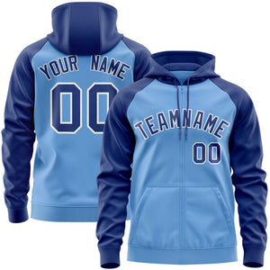 Custom Stitched Light Blue Royal-White Raglan Sleeves Sports Full-Zip Sweatshirt Hoodie