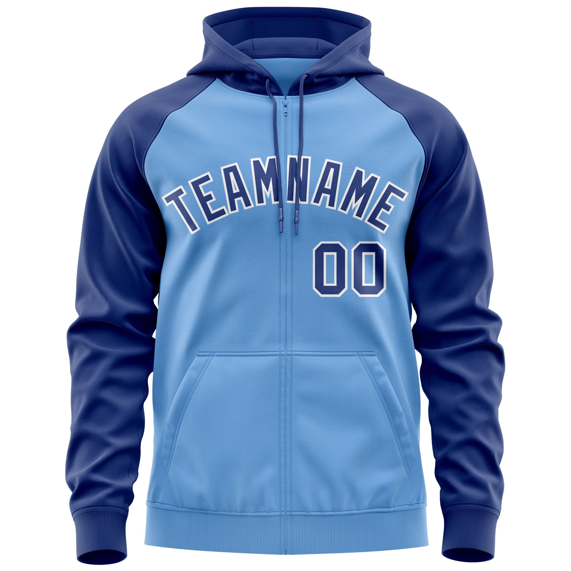 Custom Stitched Light Blue Royal-White Raglan Sleeves Sports Full-Zip Sweatshirt Hoodie