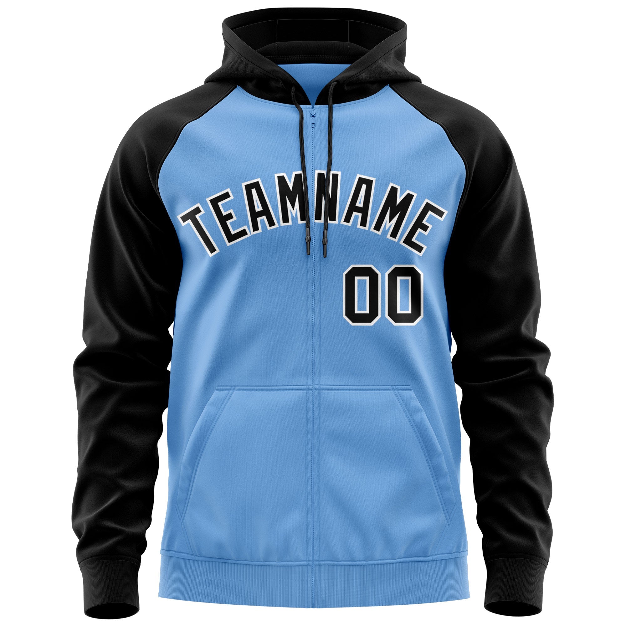 Custom Stitched Light Blue Black-White Raglan Sleeves Sports Full-Zip Sweatshirt Hoodie