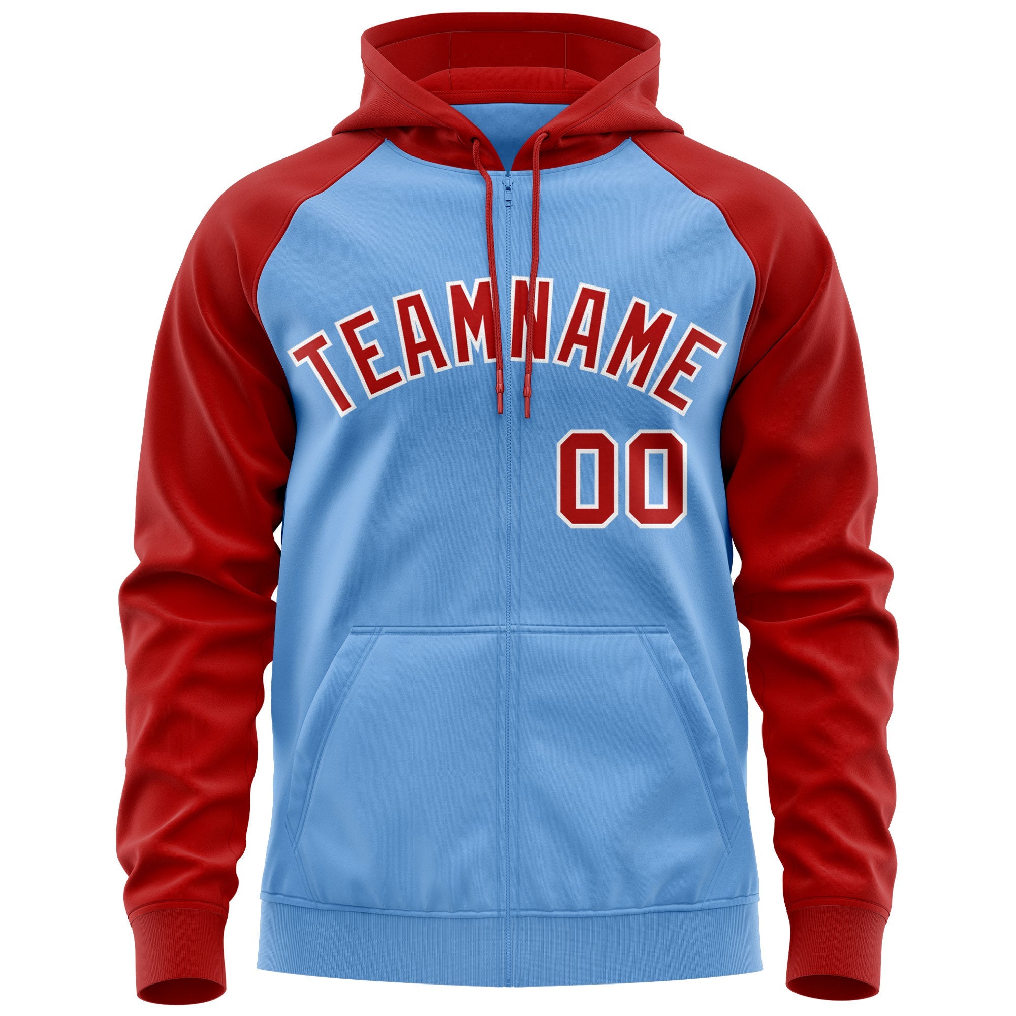 Custom Stitched Light Blue Red-White Raglan Sleeves Sports Full-Zip Sweatshirt Hoodie