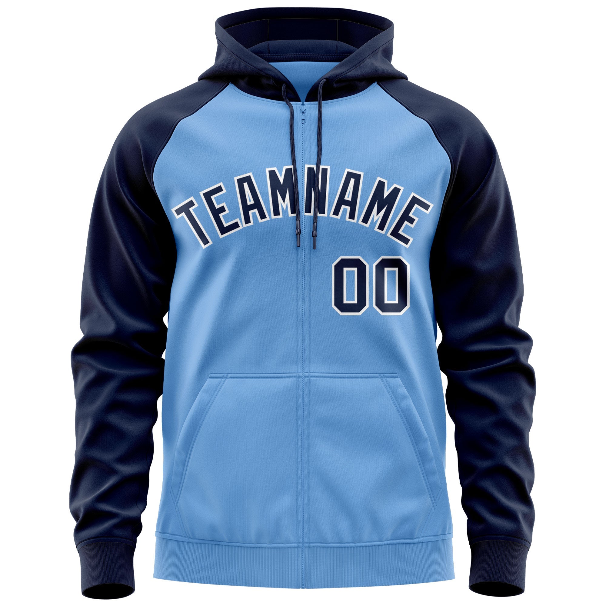 Custom Stitched Light Blue Navy-White Raglan Sleeves Sports Full-Zip Sweatshirt Hoodie