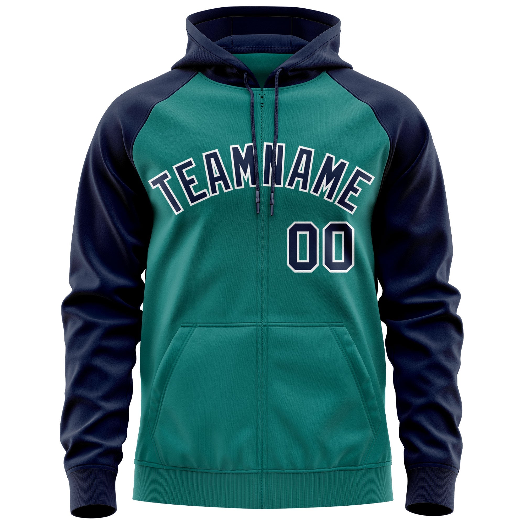 Custom Stitched Aqua Navy-White Raglan Sleeves Sports Full-Zip Sweatshirt Hoodie