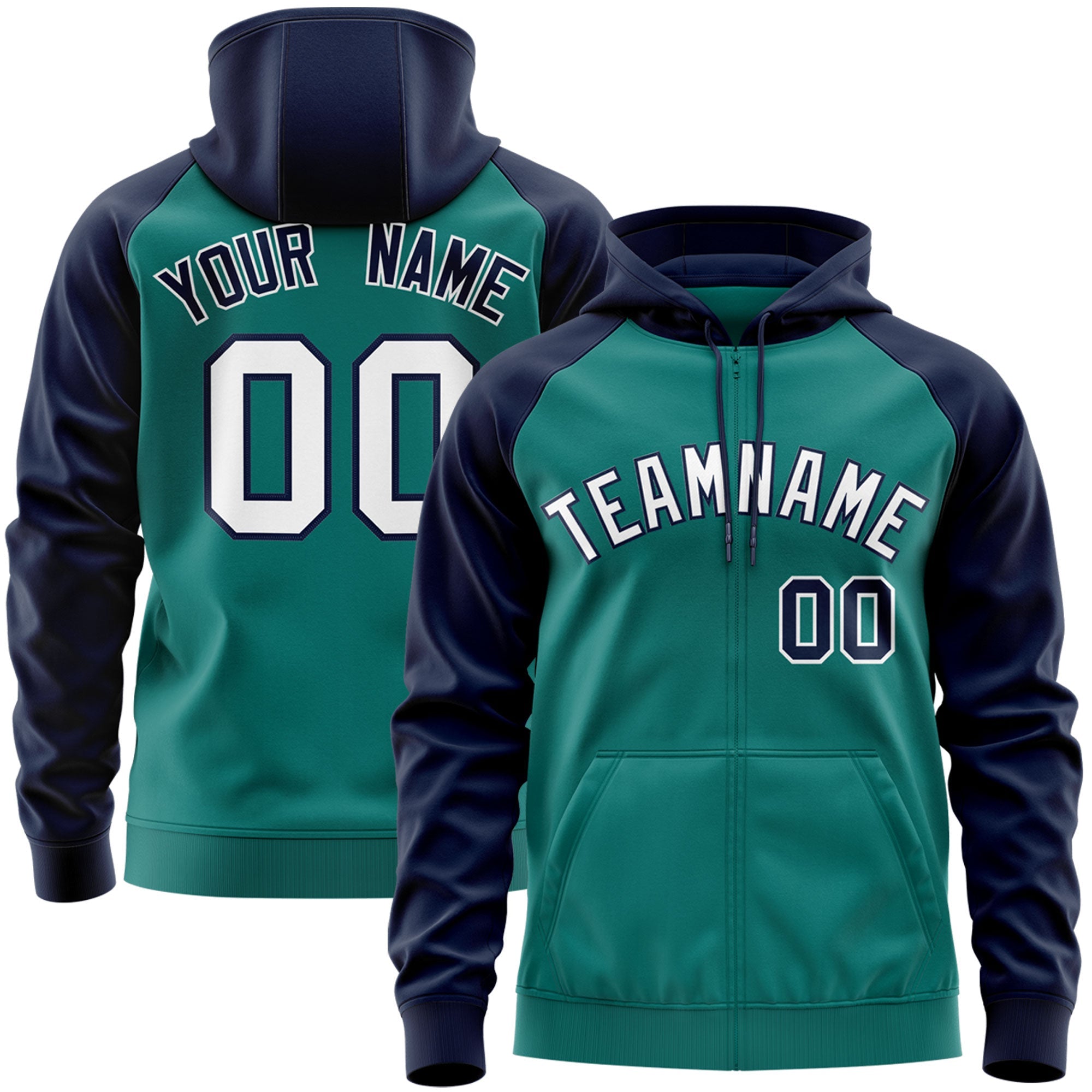 Custom Stitched Aqua White-Navy Raglan Sleeves Sports Full-Zip Sweatshirt Hoodie