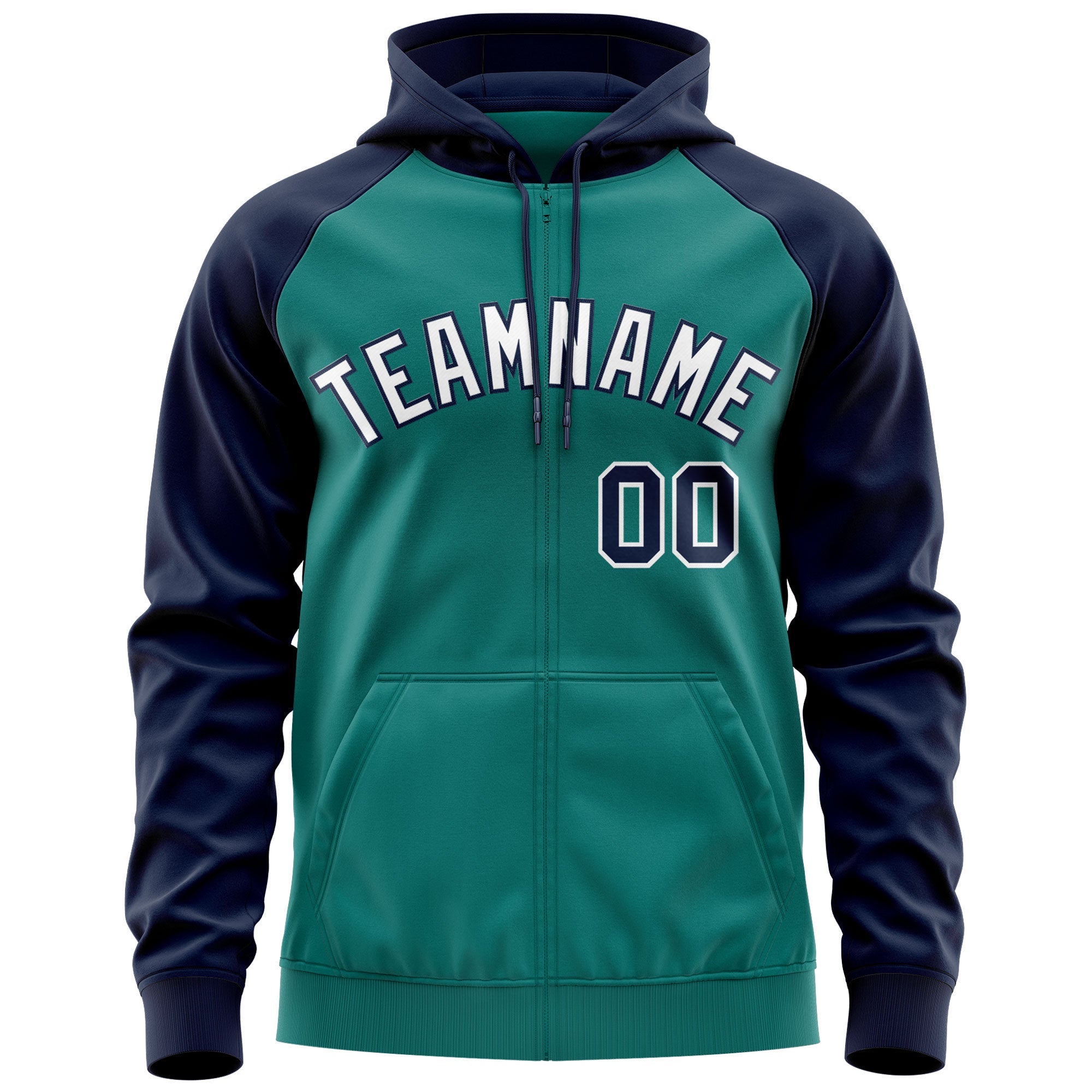 Custom Stitched Aqua White-Navy Raglan Sleeves Sports Full-Zip Sweatshirt Hoodie