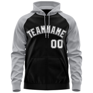 Custom Stitched Black White-Gray Raglan Sleeves Sports Full-Zip Sweatshirt Hoodie