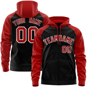 Custom Stitched Black Red-White Raglan Sleeves Sports Full-Zip Sweatshirt Hoodie