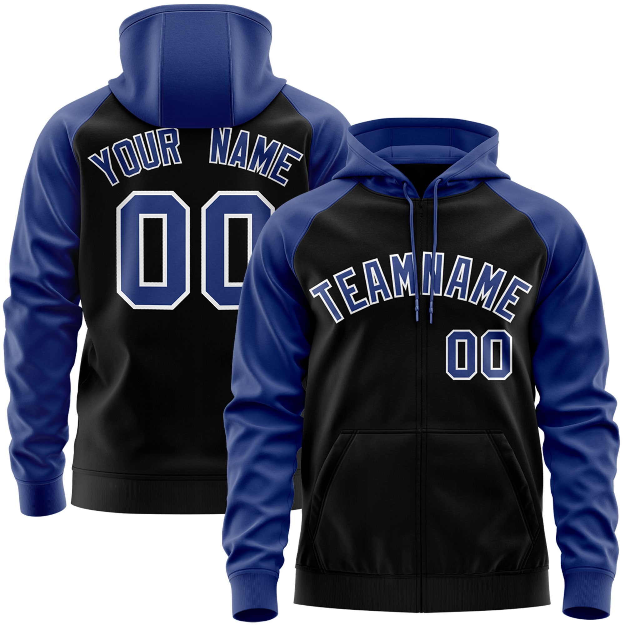 Custom Stitched Black Royal-White Raglan Sleeves Sports Full-Zip Sweatshirt Hoodie