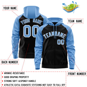 Custom Stitched Black Light Blue-White Raglan Sleeves Sports Full-Zip Sweatshirt Hoodie