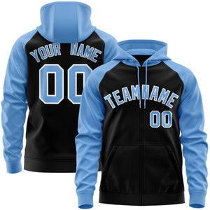 Custom Stitched Black Light Blue-White Raglan Sleeves Sports Full-Zip Sweatshirt Hoodie