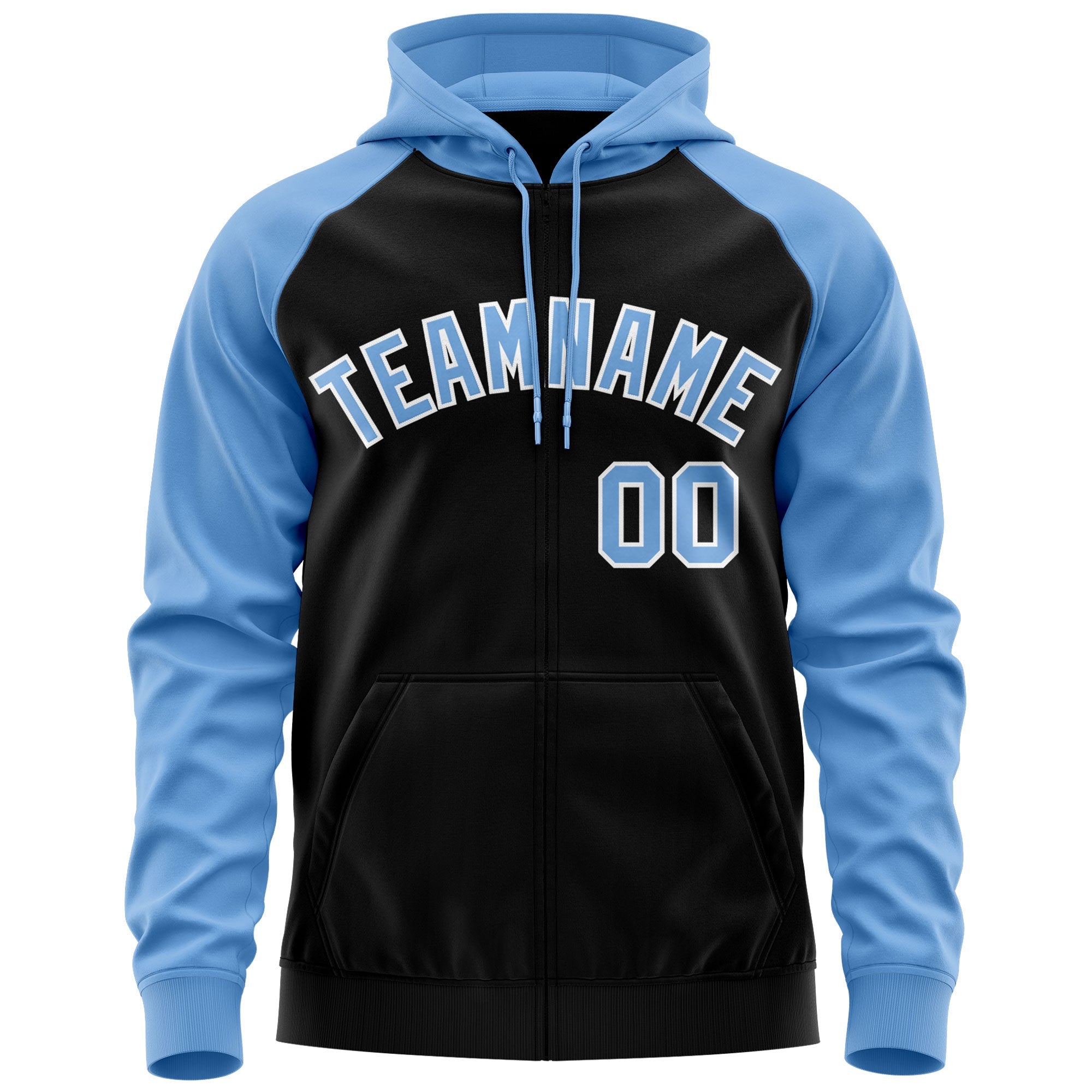 Custom Stitched Black Light Blue-White Raglan Sleeves Sports Full-Zip Sweatshirt Hoodie