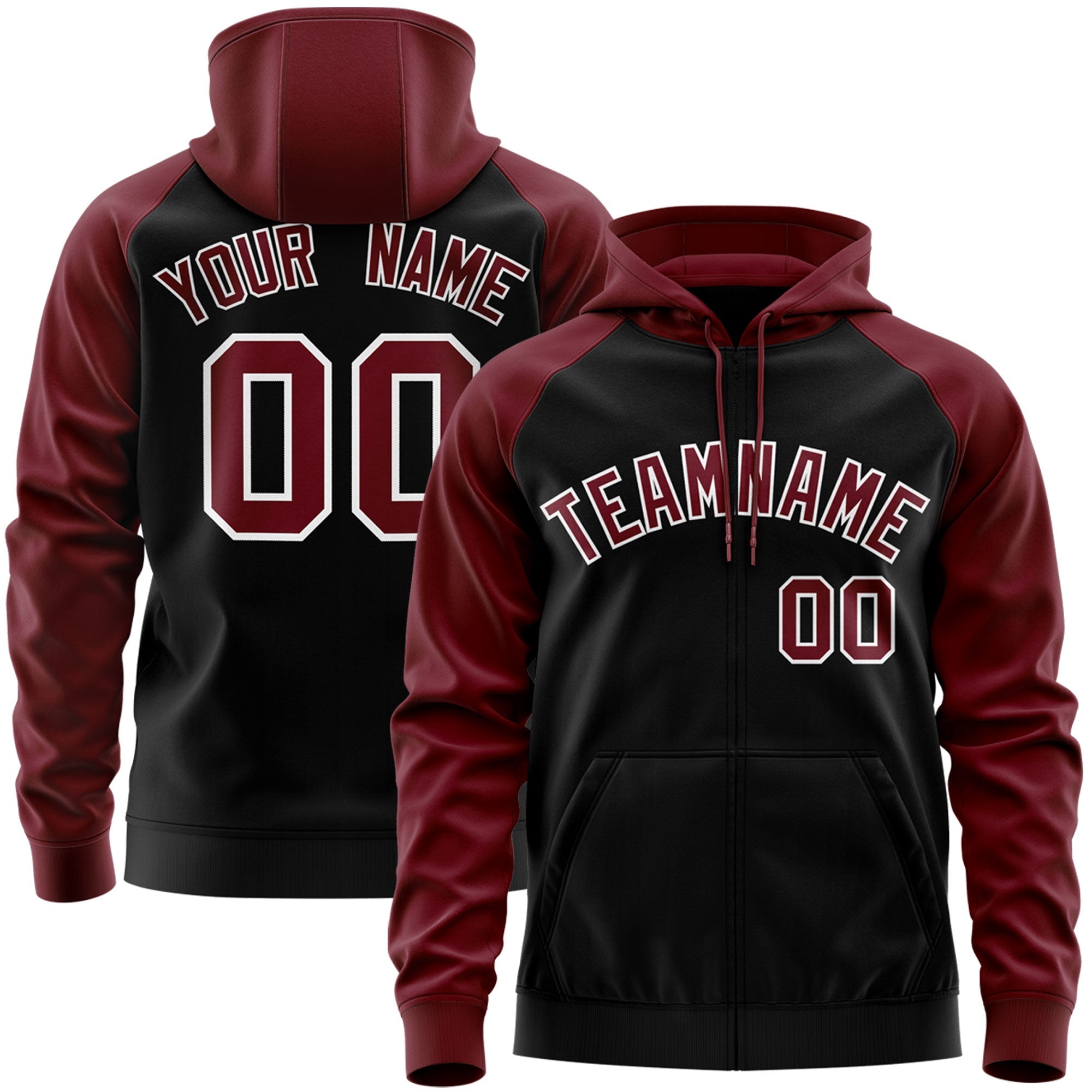 Custom Stitched Black Crimson-White Raglan Sleeves Sports Full-Zip Sweatshirt Hoodie