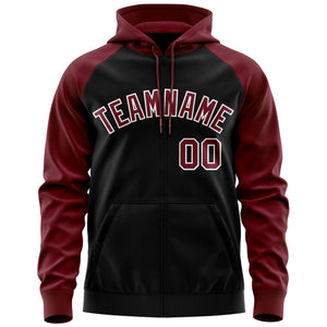 Custom Stitched Black Crimson-White Raglan Sleeves Sports Full-Zip Sweatshirt Hoodie