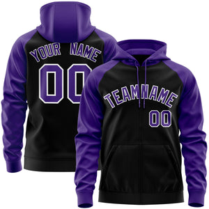 Custom Stitched Black Purple-White Raglan Sleeves Sports Full-Zip Sweatshirt Hoodie