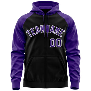 Custom Stitched Black Purple-White Raglan Sleeves Sports Full-Zip Sweatshirt Hoodie