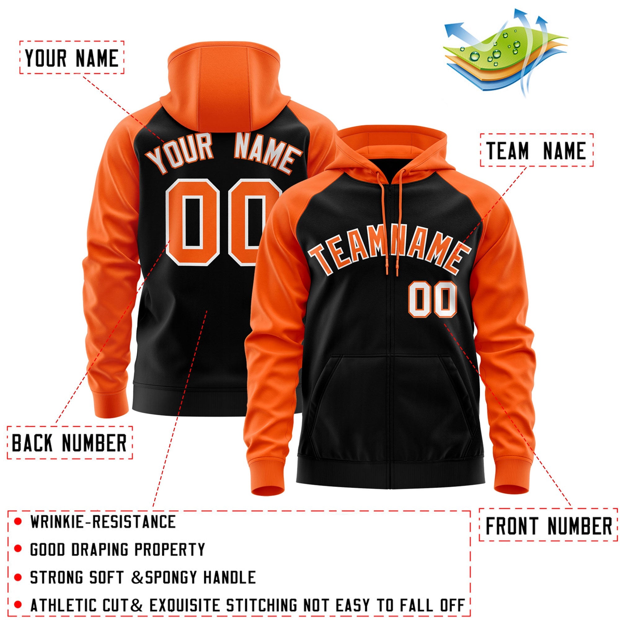 Custom Stitched Black Orange-White Raglan Sleeves Sports Full-Zip Sweatshirt Hoodie