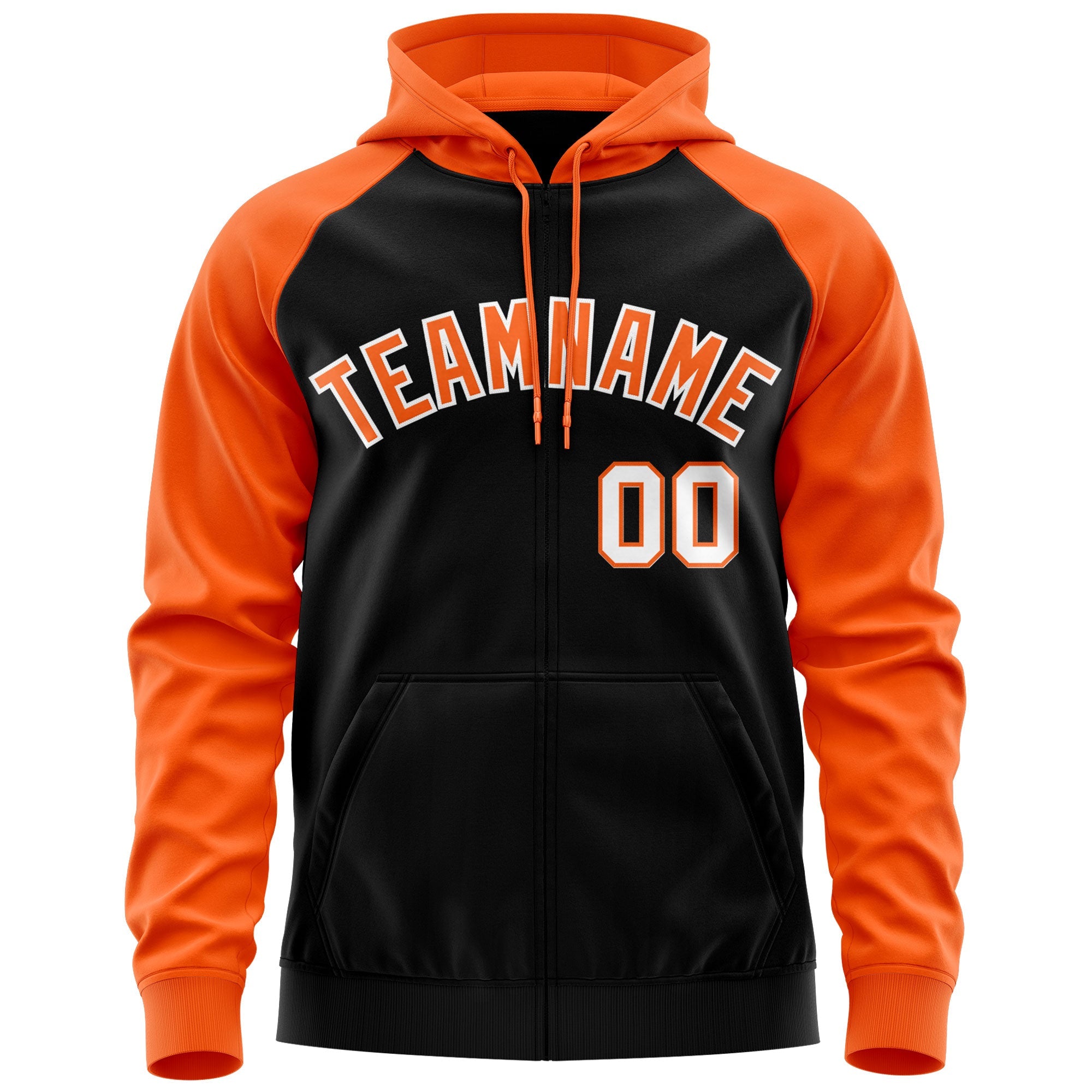 Custom Stitched Black Orange-White Raglan Sleeves Sports Full-Zip Sweatshirt Hoodie