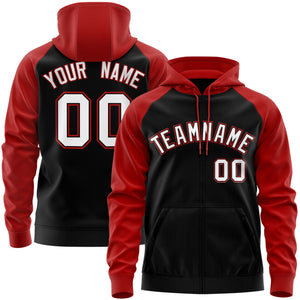 Custom Stitched Black White-Red Raglan Sleeves Sports Full-Zip Sweatshirt Hoodie