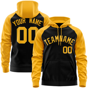 Custom Stitched Black Gold Raglan Sleeves Sports Full-Zip Sweatshirt Hoodie