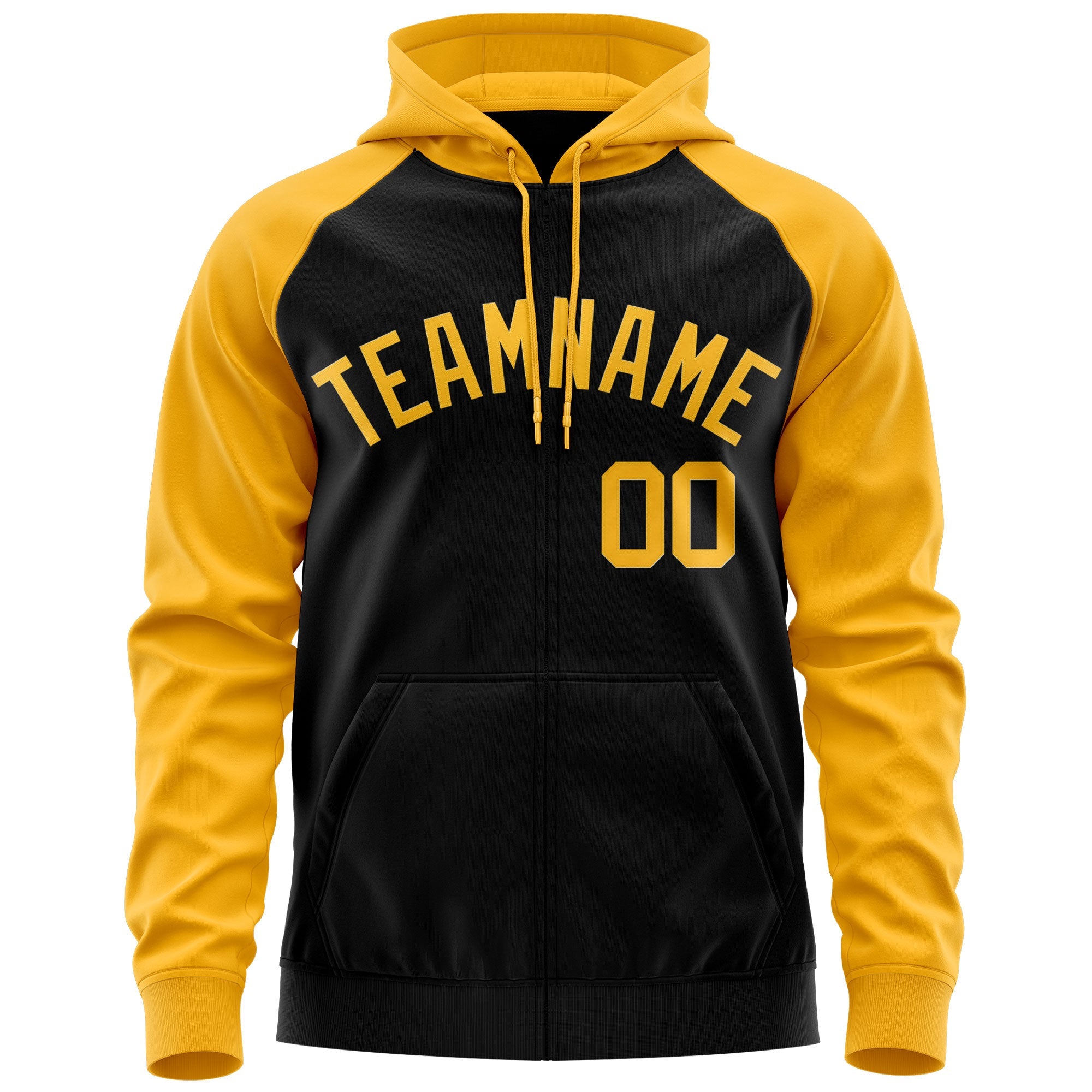 Custom Stitched Black Gold Raglan Sleeves Sports Full-Zip Sweatshirt Hoodie