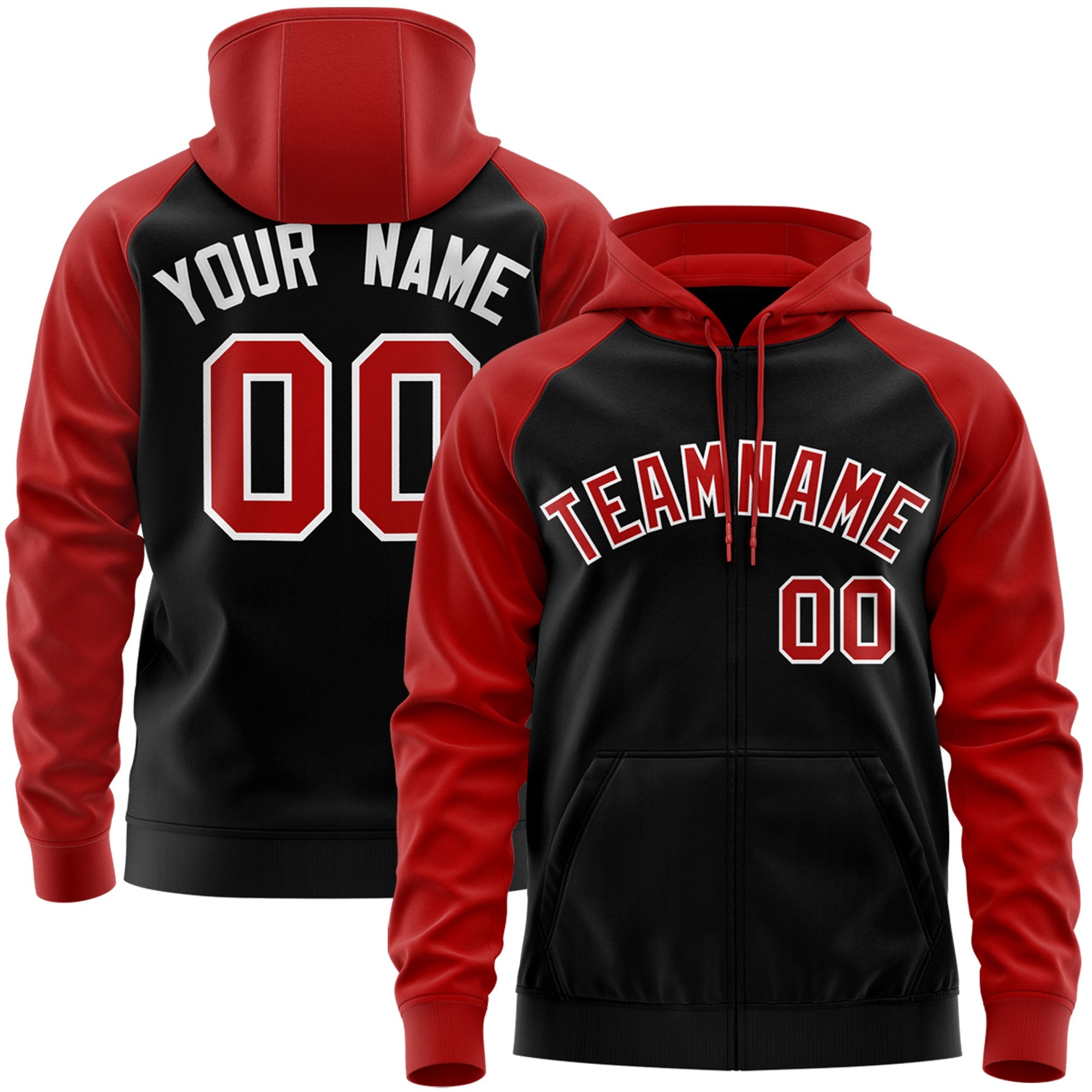 Custom Stitched Black Red-White Raglan Sleeves Sports Full-Zip Sweatshirt Hoodie