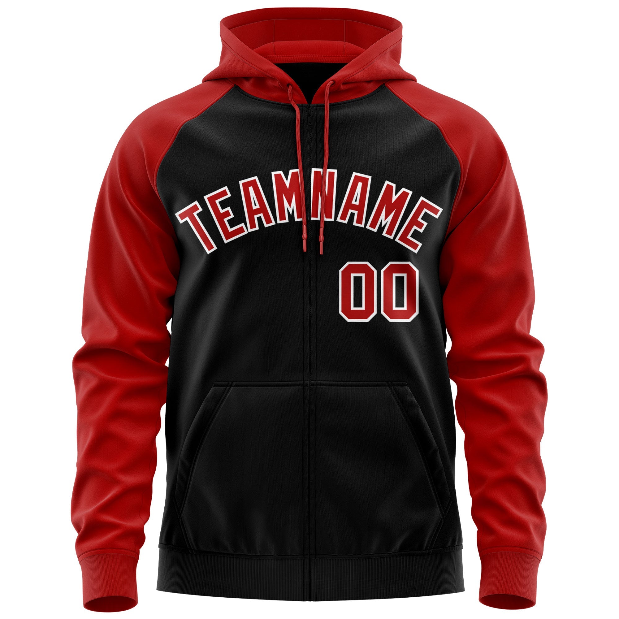 Custom Stitched Black Red-White Raglan Sleeves Sports Full-Zip Sweatshirt Hoodie