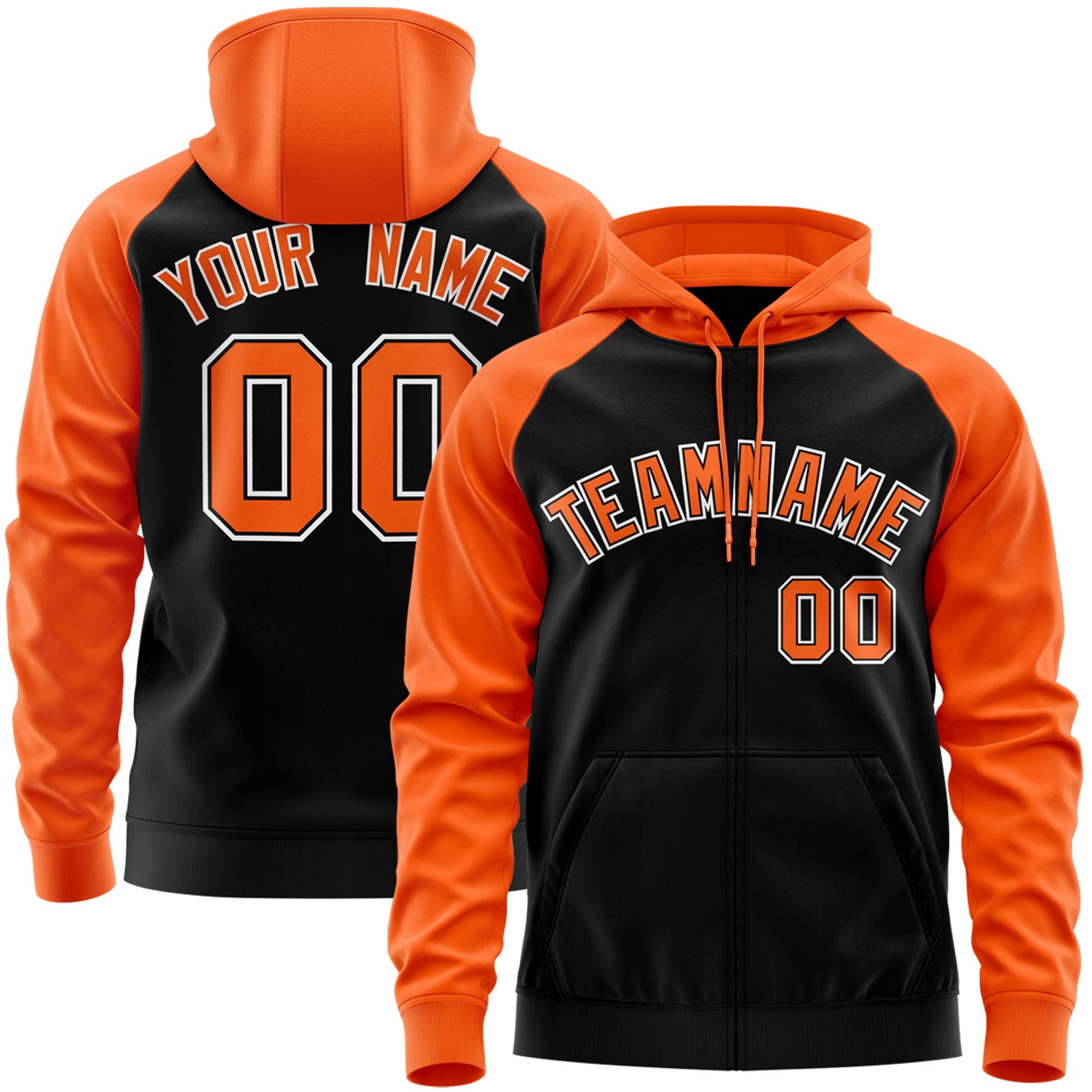 Custom Stitched Black Orange-White Raglan Sleeves Sports Full-Zip Sweatshirt Hoodie