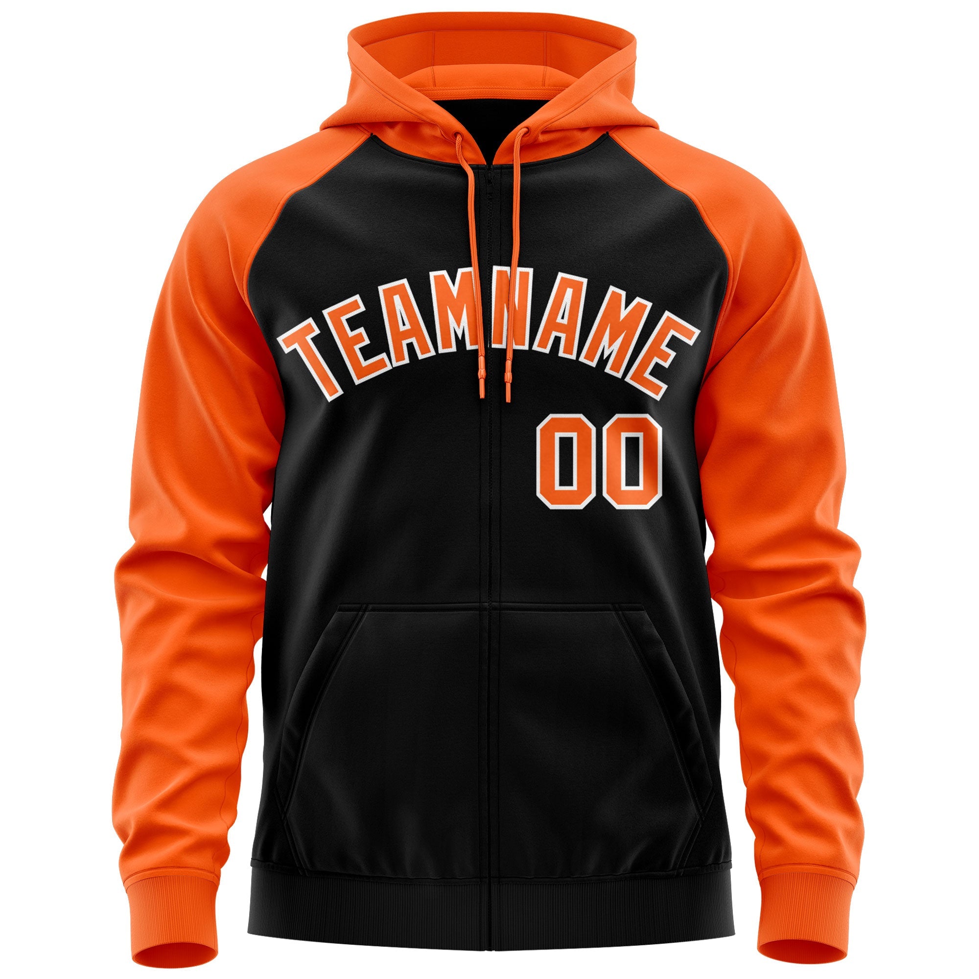 Custom Stitched Black Orange-White Raglan Sleeves Sports Full-Zip Sweatshirt Hoodie