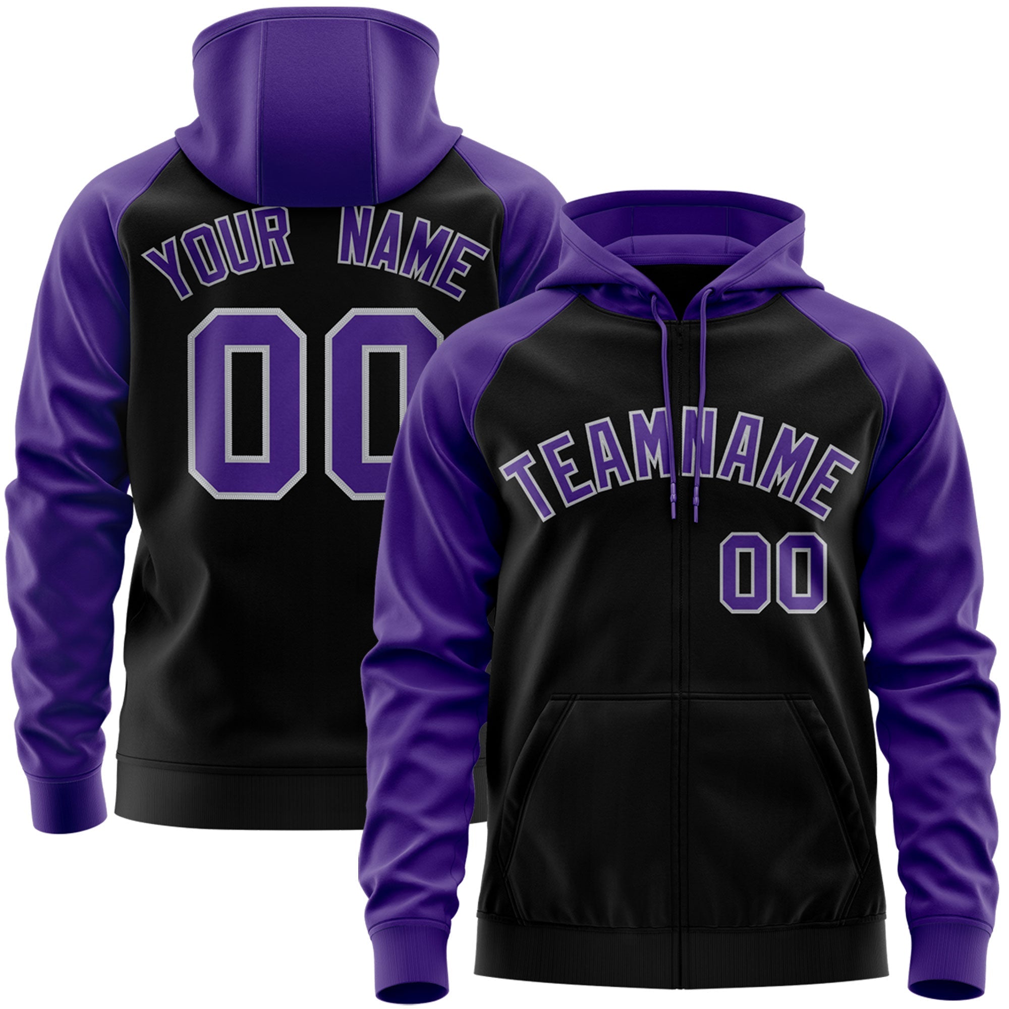 Custom Stitched Black Purple-Gray Raglan Sleeves Sports Full-Zip Sweatshirt Hoodie