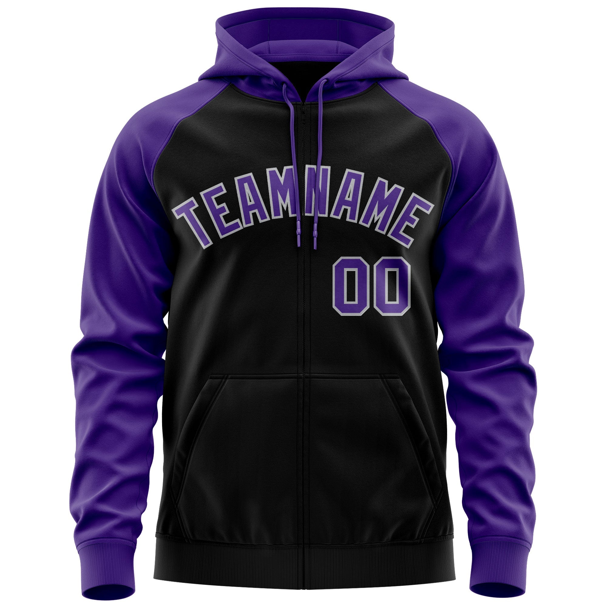 Custom Stitched Black Purple-Gray Raglan Sleeves Sports Full-Zip Sweatshirt Hoodie