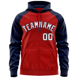 Custom Stitched Red White-Navy Raglan Sleeves Sports Full-Zip Sweatshirt Hoodie