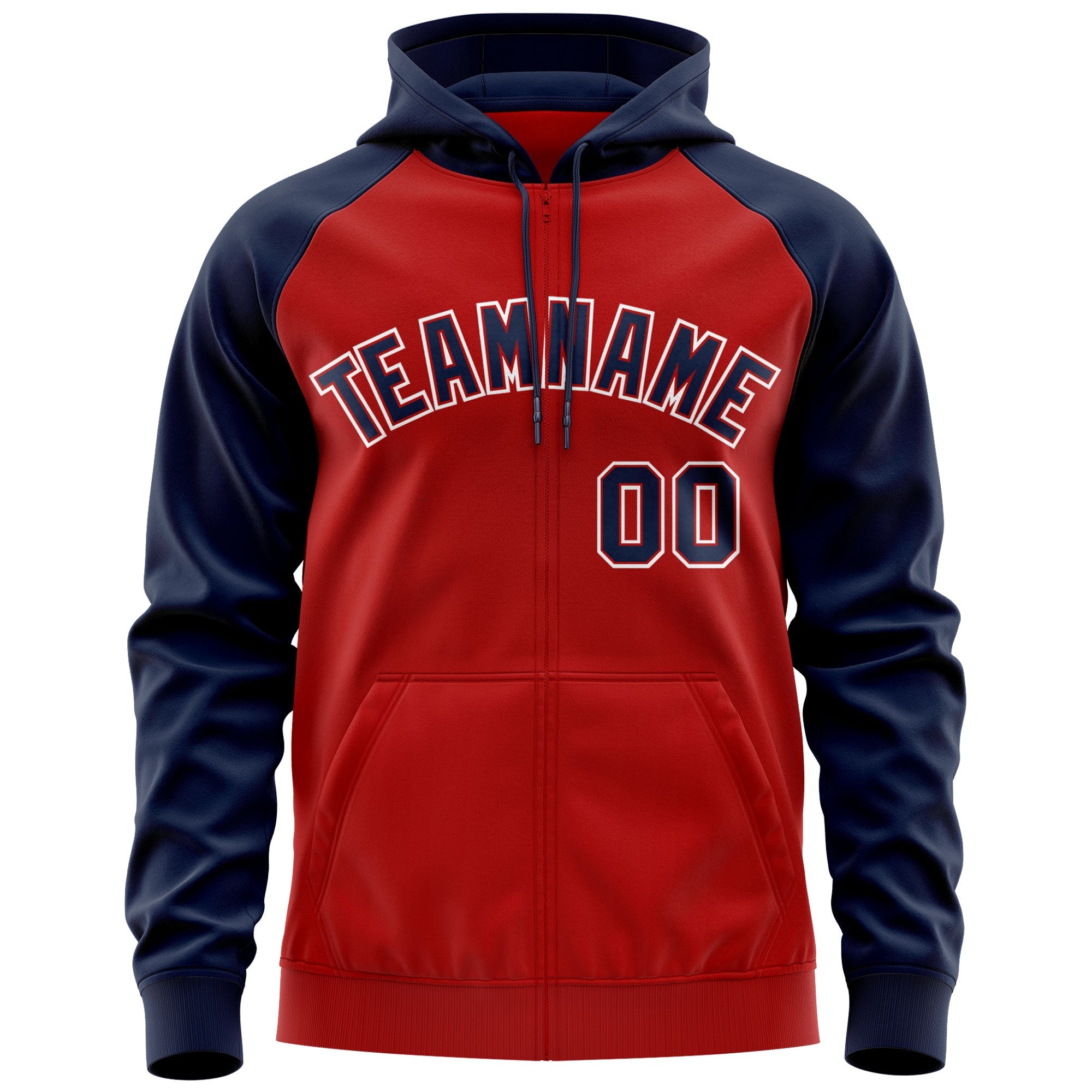 Custom Stitched Red Navy-White Raglan Sleeves Sports Full-Zip Sweatshirt Hoodie