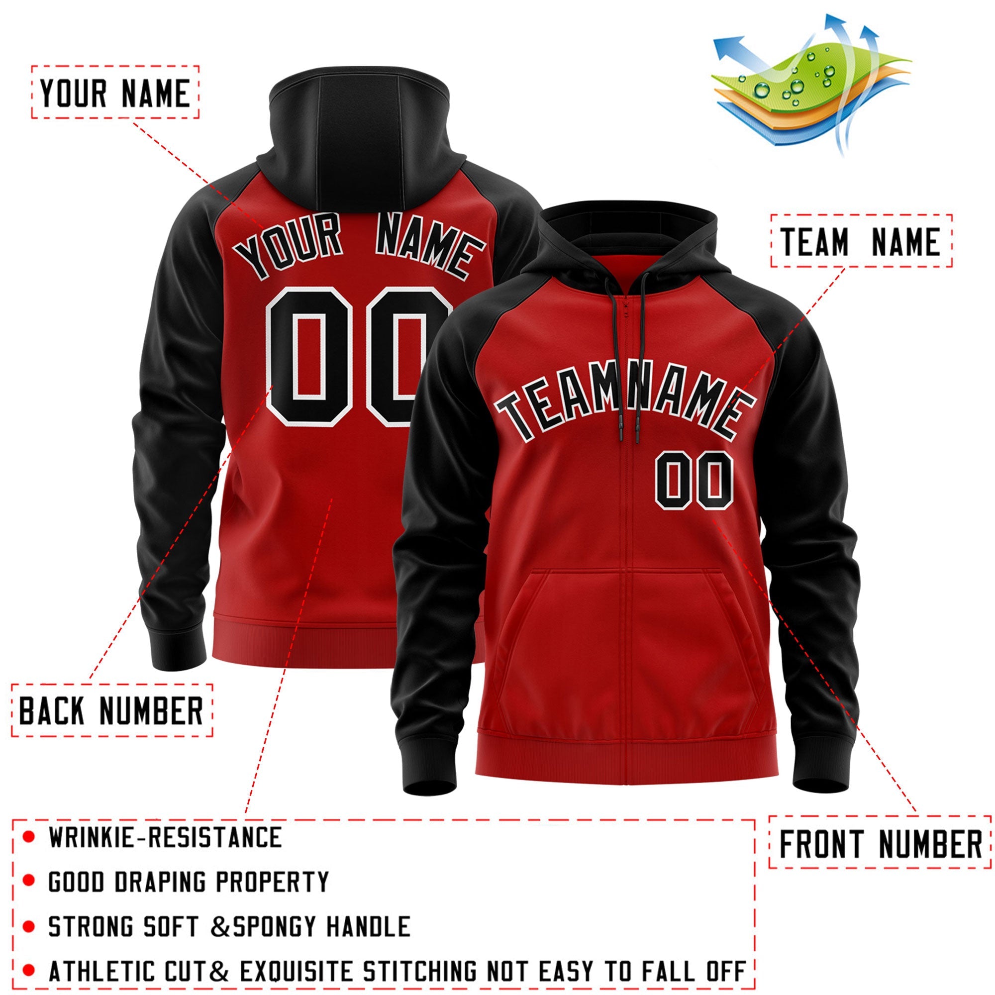 Custom Stitched Red Black-White Raglan Sleeves Sports Full-Zip Sweatshirt Hoodie