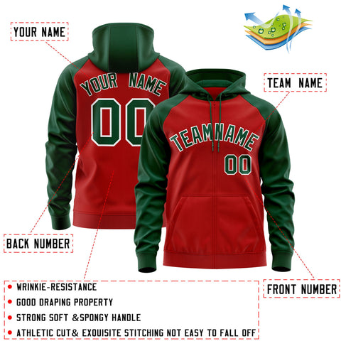 Custom Stitched Red Green-White Raglan Sleeves Sports Full-Zip Sweatshirt Hoodie