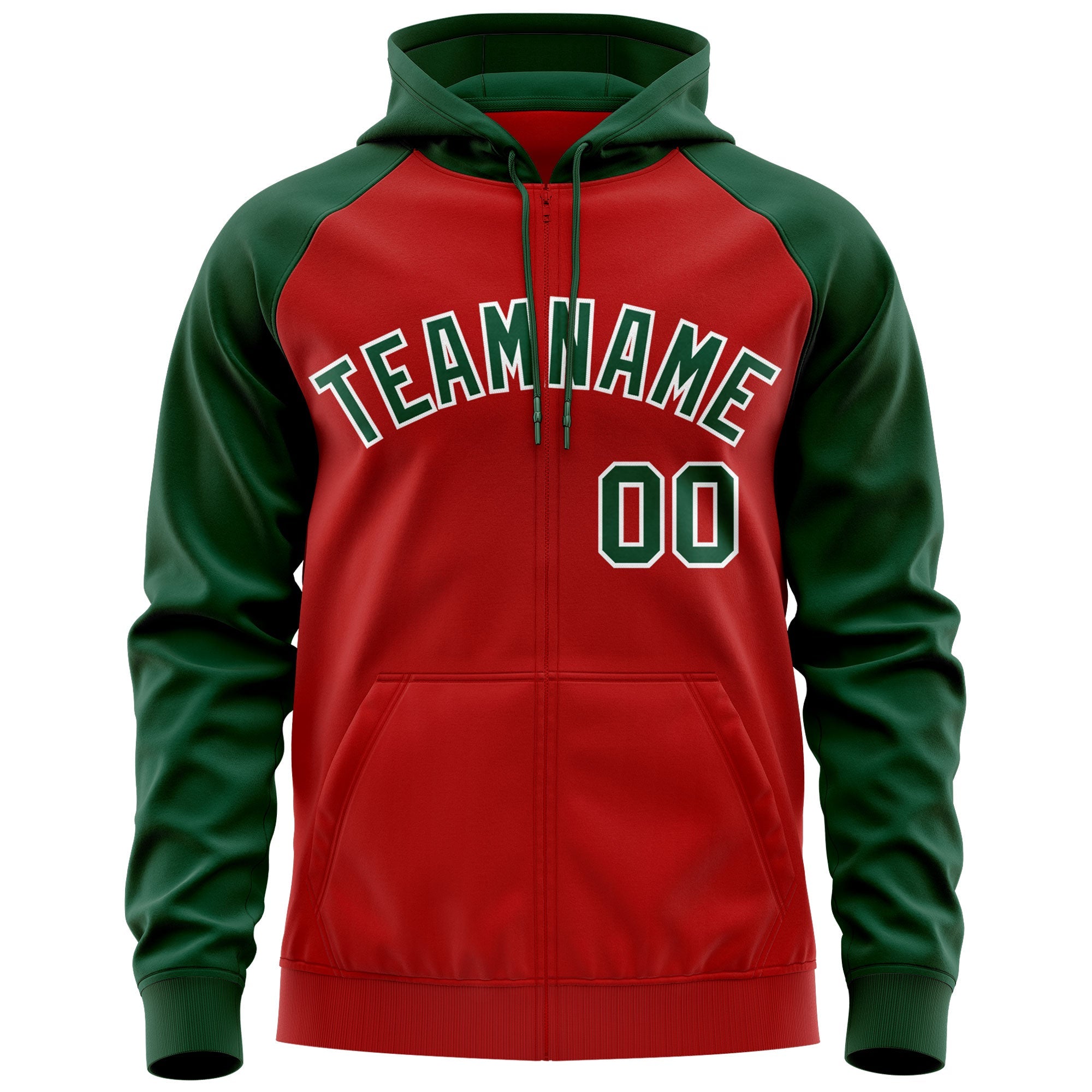 Custom Stitched Red Green-White Raglan Sleeves Sports Full-Zip Sweatshirt Hoodie