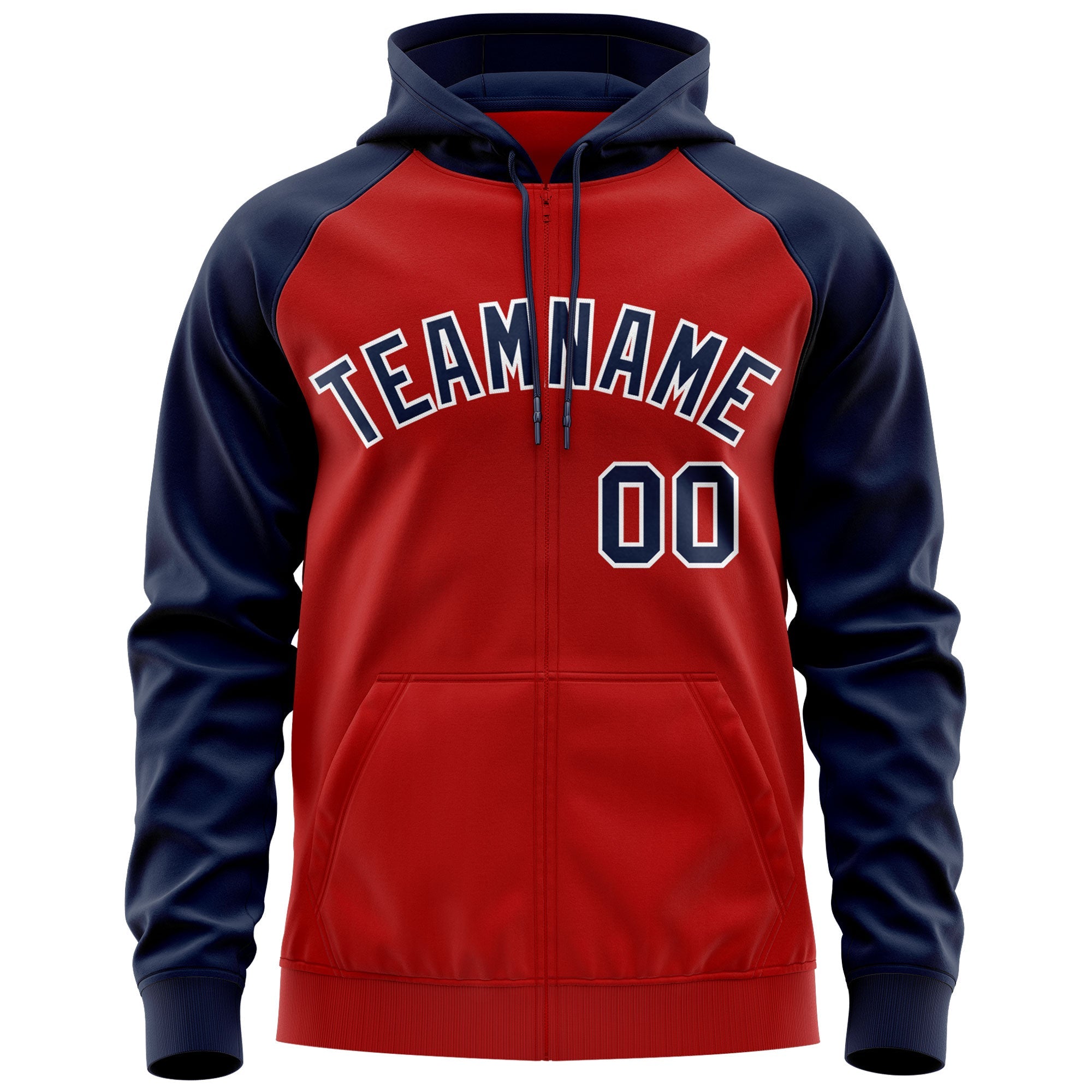 Custom Stitched Red Navy-White Raglan Sleeves Sports Full-Zip Sweatshirt Hoodie