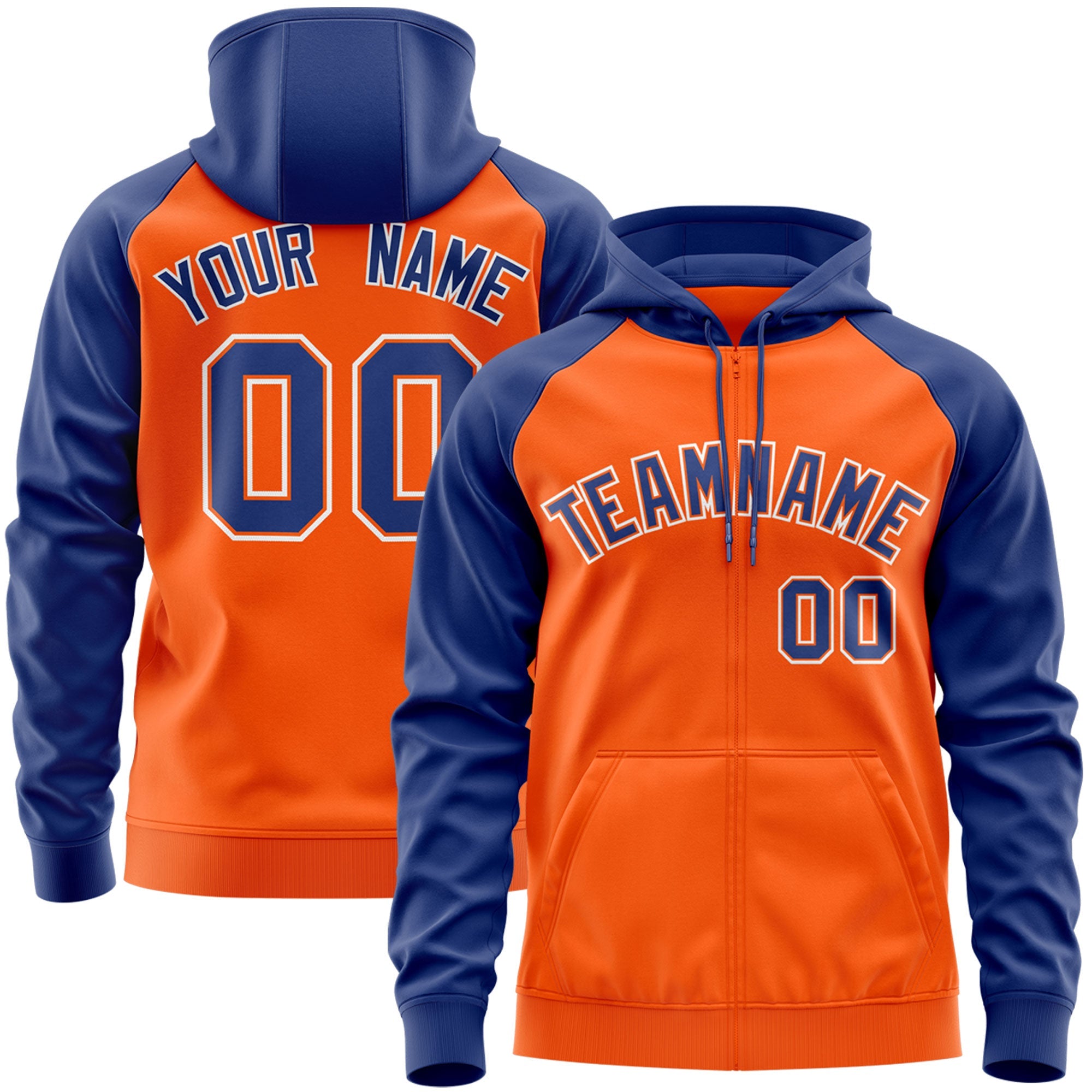 Custom Stitched Orange Royal-White Raglan Sleeves Sports Full-Zip Sweatshirt Hoodie