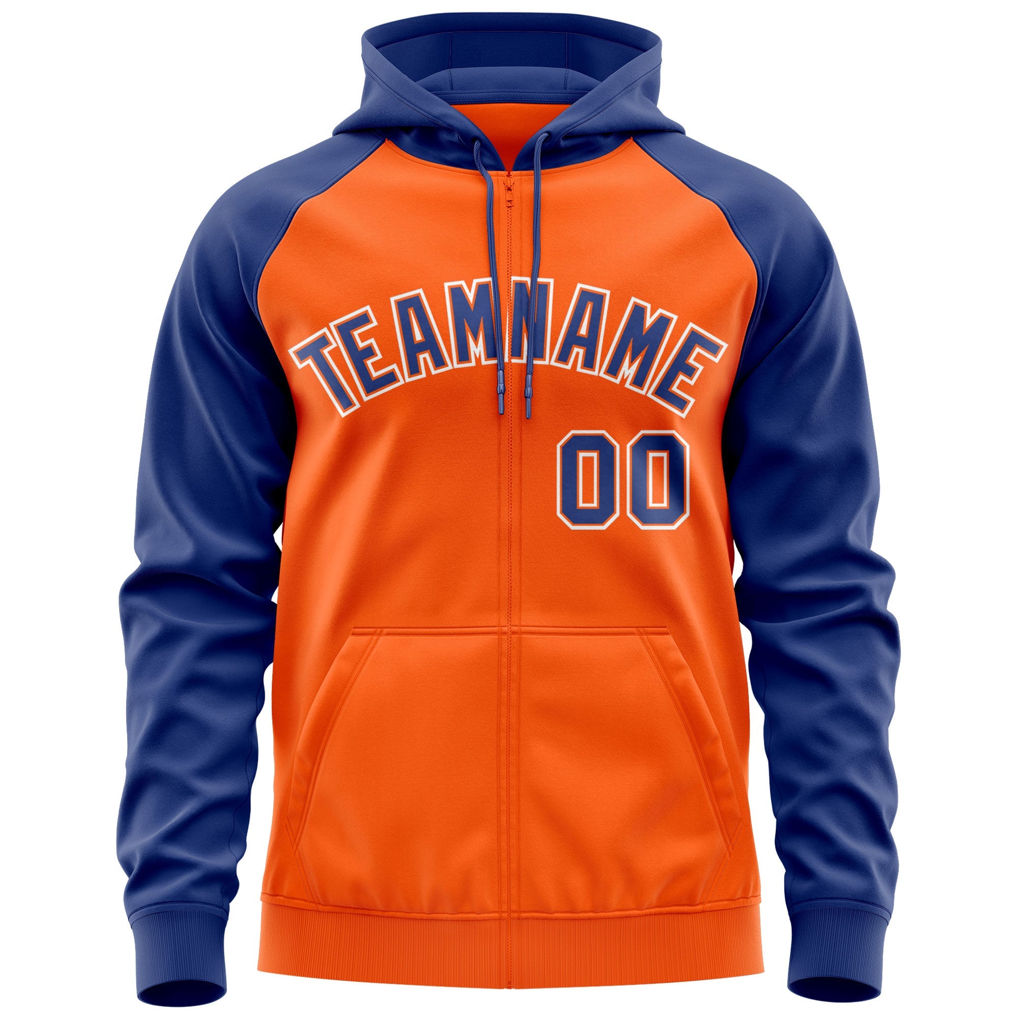 Custom Stitched Orange Royal-White Raglan Sleeves Sports Full-Zip Sweatshirt Hoodie