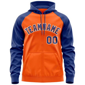 Custom Stitched Orange Royal-White Raglan Sleeves Sports Full-Zip Sweatshirt Hoodie