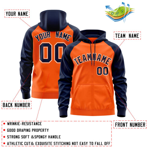 Custom Stitched Orange Navy-White Raglan Sleeves Sports Full-Zip Sweatshirt Hoodie