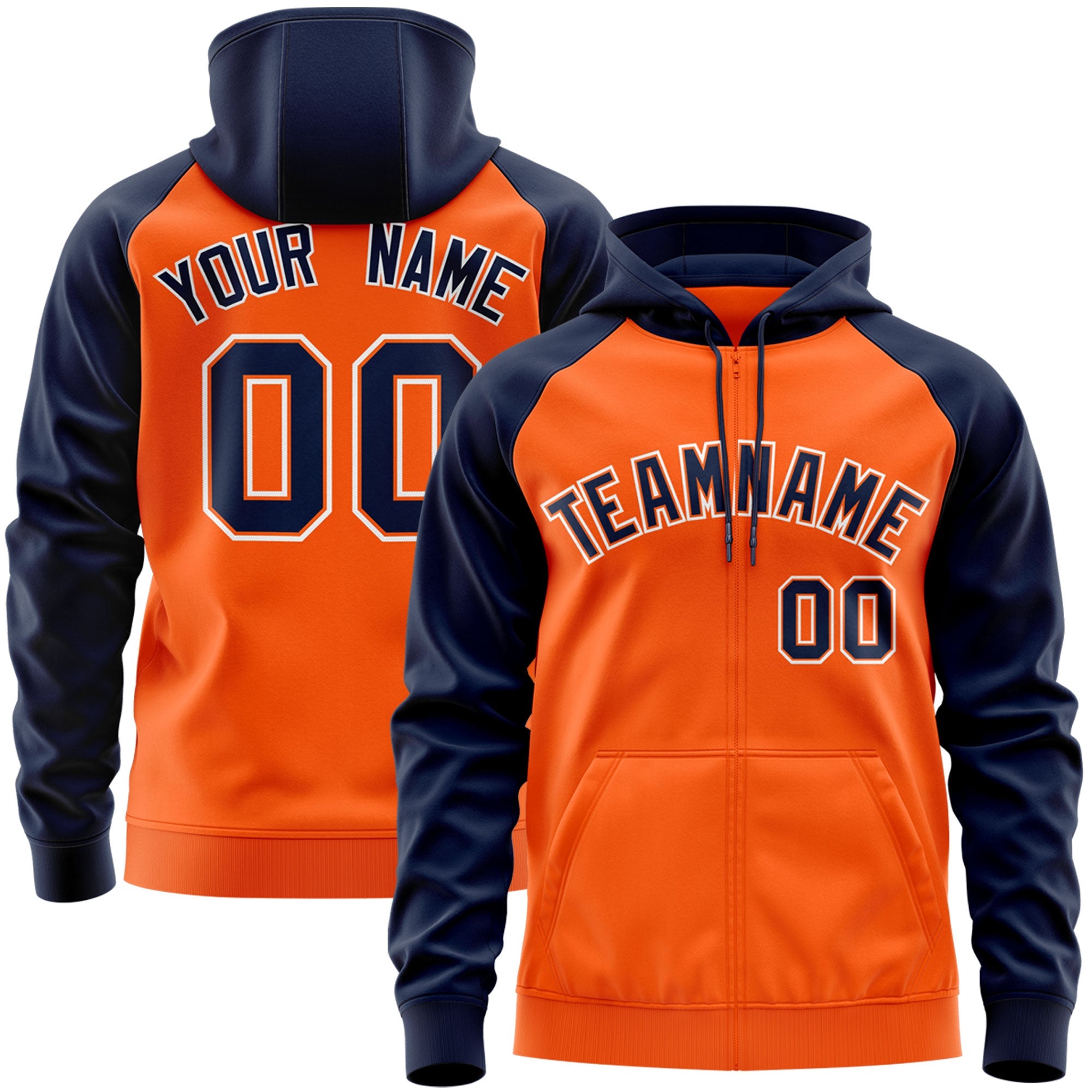 Custom Stitched Orange Navy-White Raglan Sleeves Sports Full-Zip Sweatshirt Hoodie