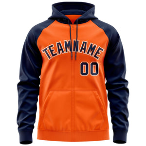 Custom Stitched Orange Navy-White Raglan Sleeves Sports Full-Zip Sweatshirt Hoodie