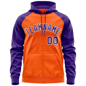 Custom Stitched Orange Purple-White Raglan Sleeves Sports Full-Zip Sweatshirt Hoodie